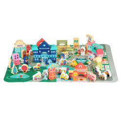 Ville avec 121 cubes et éléments sur tapis puzzle éducatif