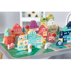 Ville avec 121 cubes et éléments sur tapis puzzle éducatif