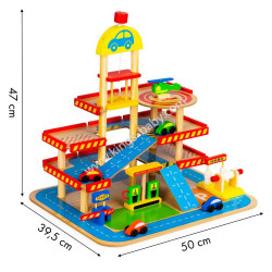 Grand garage en bois avec ascenseur et voitures